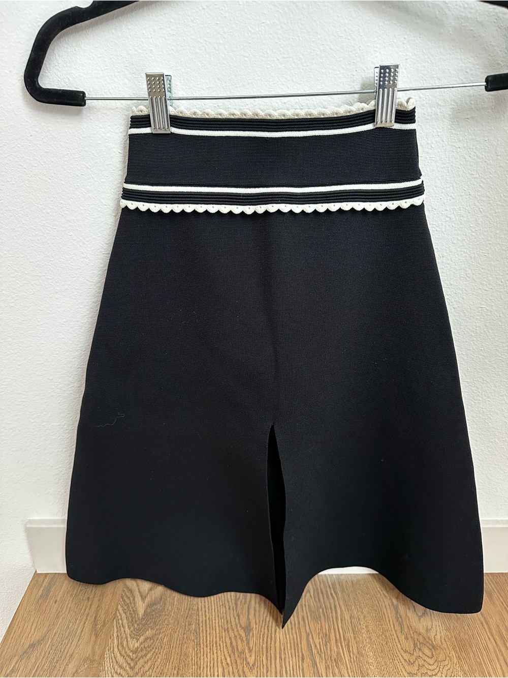 Sandro Paris Scalloped Trim Knit Skater Skirt Black White